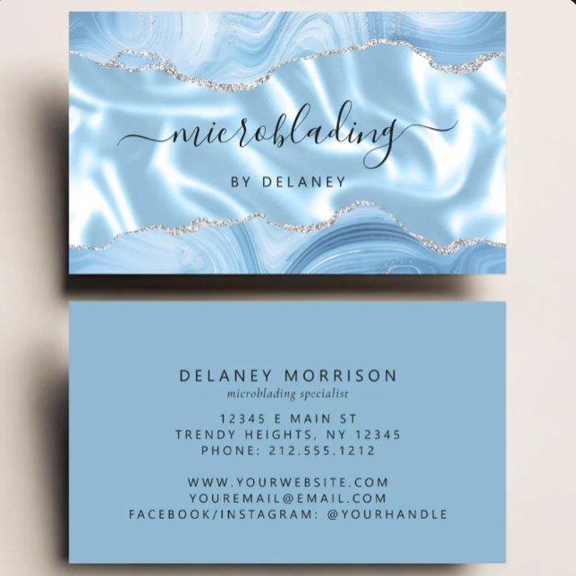 Blue Agate Silver Glitter Luxury Microblading Business Card (Creator Uploaded)
