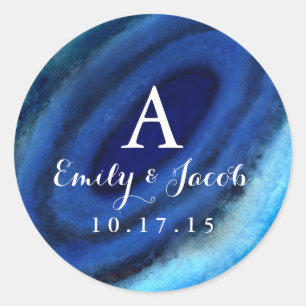 Blue Agate Wedding Monogram Classic Round Sticker