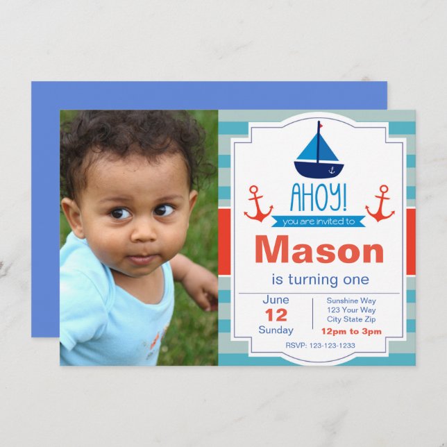 Blue Ahoy Birthday Invitation with Photo (Front/Back)