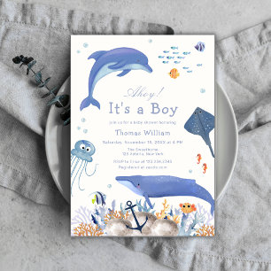 Blue Ahoy Ocean Dolphin Whale Boy Baby Shower  Invitation