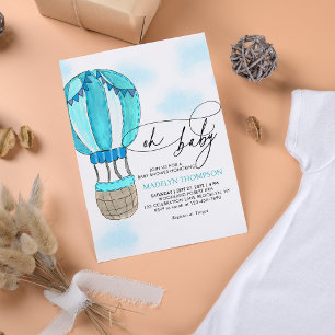 Blue Air Balloon Calligraphy Oh Baby Shower Invitation
