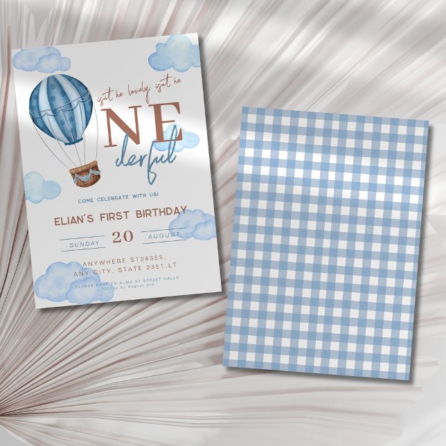 Blue Air Balloon Isn't he Onederful Birthday Invitation (Creator Uploaded)