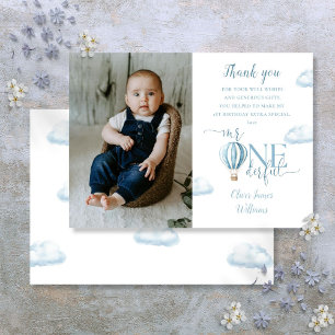 Blue Air Balloon Photo 1st Birthday Party Thank You Card
