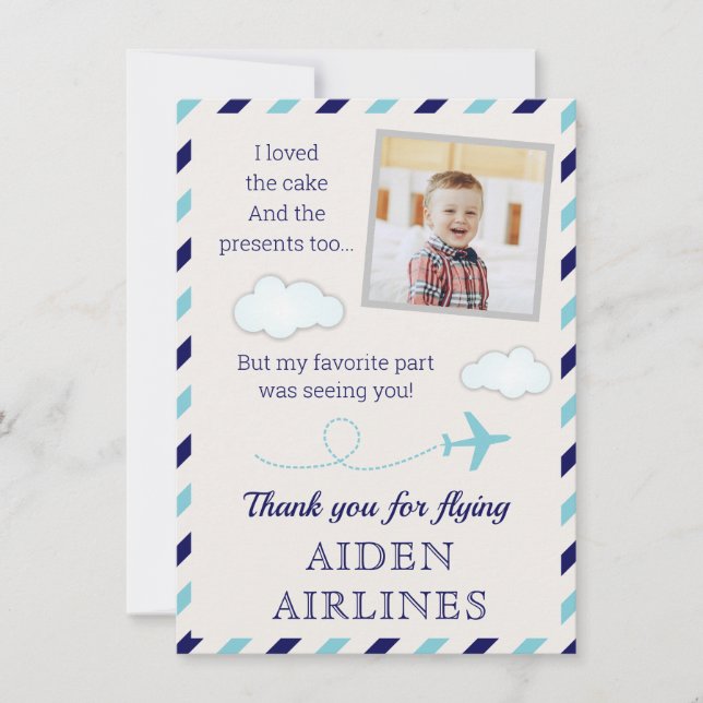 Blue Airline Aeroplane Baby Boy 1st Birthday Party Thank You Card (Front)