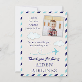 Blue Airline Aeroplane Baby Boy 1st Birthday Party Thank You Card