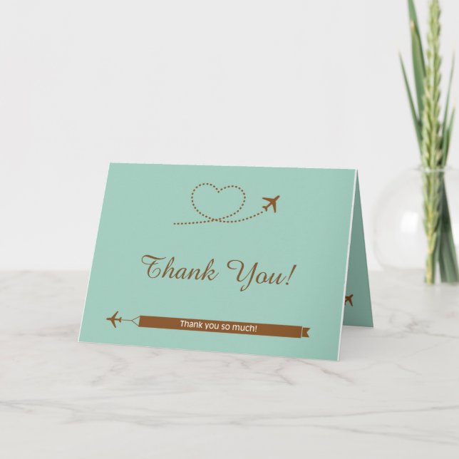 Blue Airplane Heart Wedding Folded Thank You Card (Front)