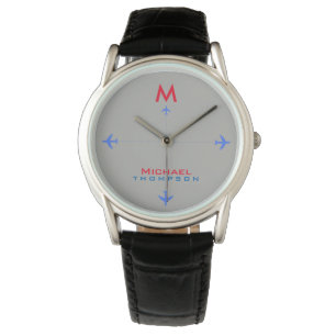 blue airplanes with name & initial, aero style watch
