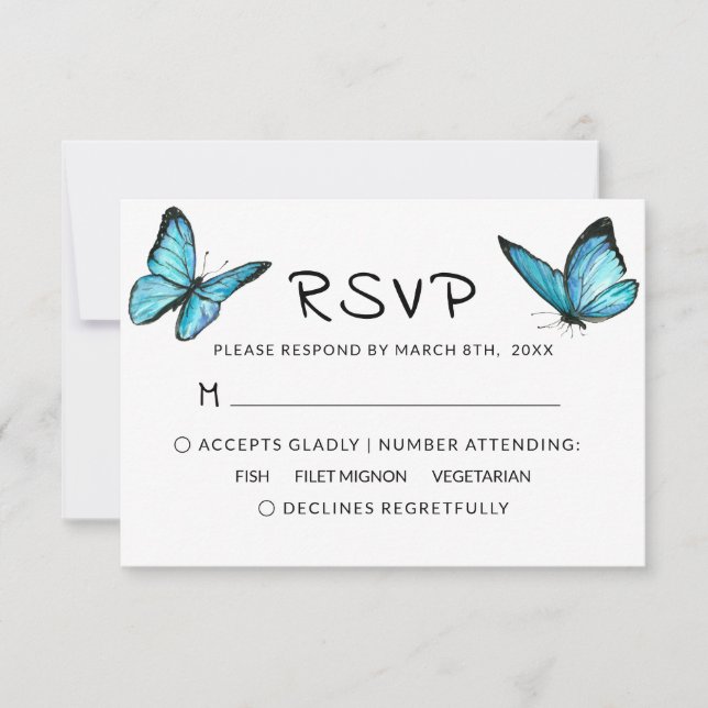 Blue airy watercolor butterflies wedding RSVP (Front)