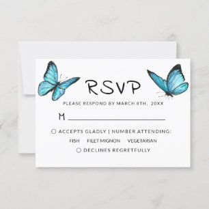 Blue airy watercolor butterflies wedding RSVP Card