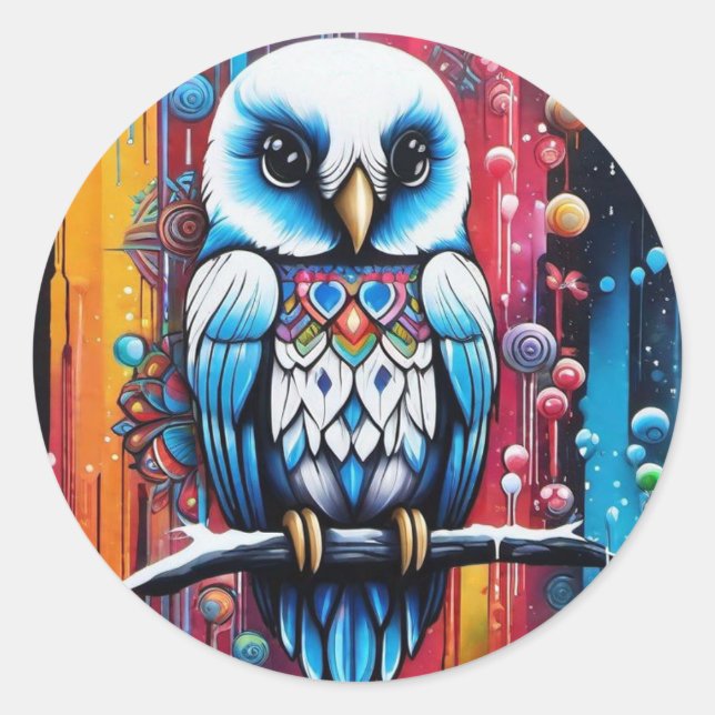Blue Alaskan inspired Owl Classic Round Sticker (Front)