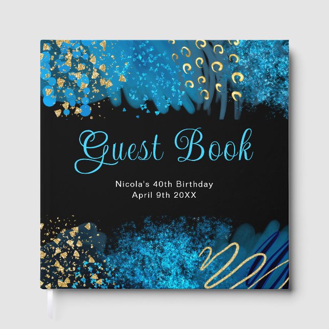 Blue Alcohol Ink Birthday Party Guest Book (Front)