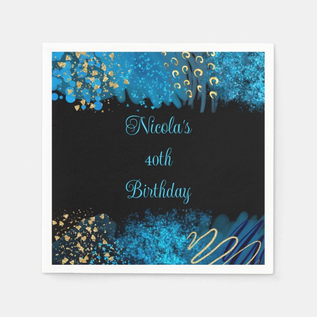 Blue Alcohol Ink Birthday Party Napkin (Front)