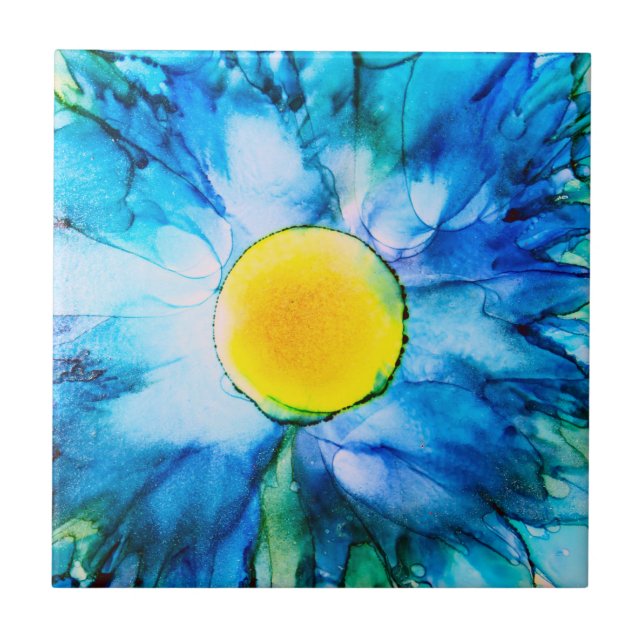 Blue Alcohol Ink Flower Tile (Front)