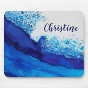 Blue Alcohol Ink Modern Simple Elegant Name Mouse Mat