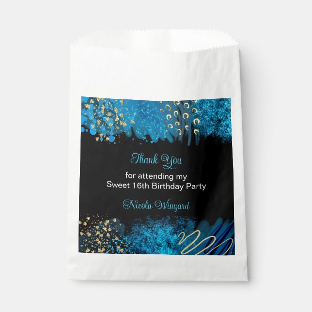 Blue Alcohol Ink Sweet 16 Birthday Party Favour Bags (Front)