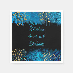 Blue Alcohol Ink Sweet 16 Birthday Party Napkin