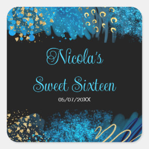 Blue Alcohol Ink Sweet 16 Birthday Party Square Sticker