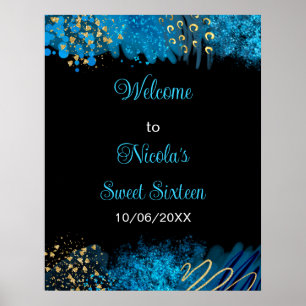 Blue Alcohol Ink Sweet 16 Birthday Party Welcome Poster