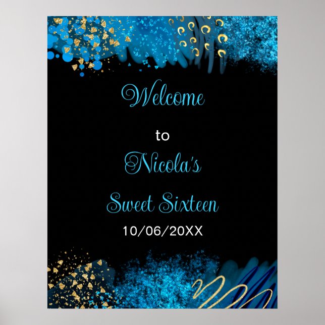 Blue Alcohol Ink Sweet 16 Birthday Party Welcome Poster (Front)