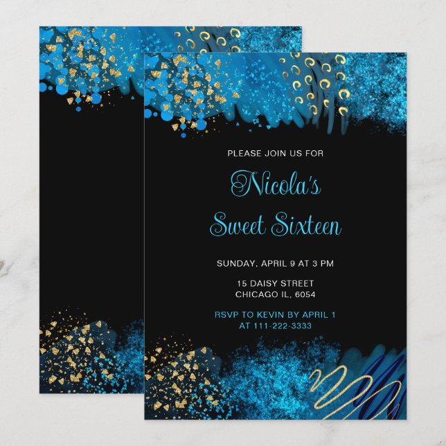 Blue Alcohol Ink Sweet Sixteen Invitation (Front/Back)