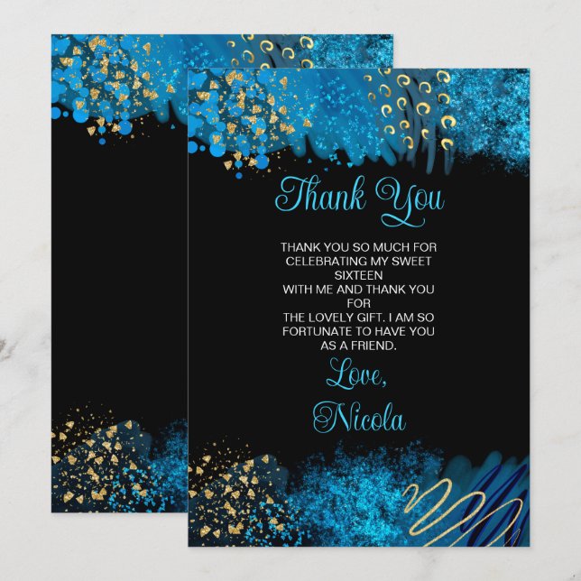 Blue Alcohol Ink Sweet Sixteen Thank You Card (Front/Back)