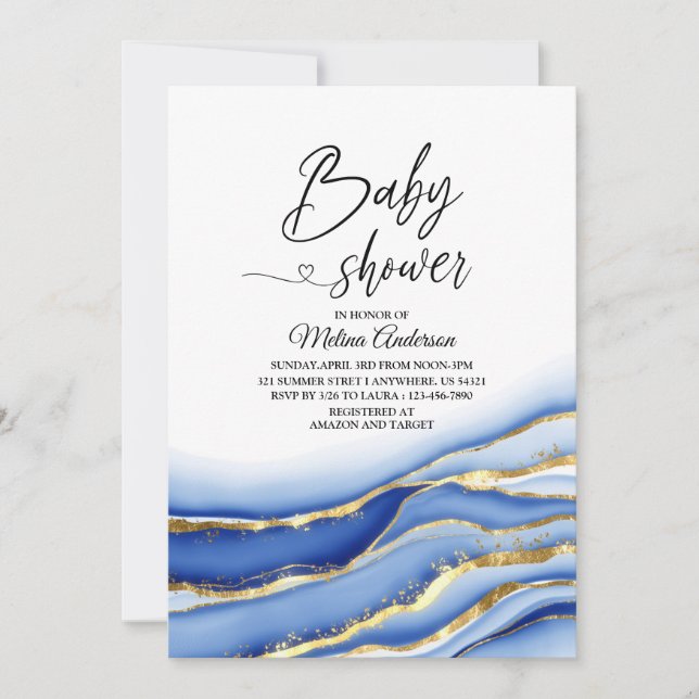 Blue Alcohol Ink Texture watercolor baby shower Invitation (Front)