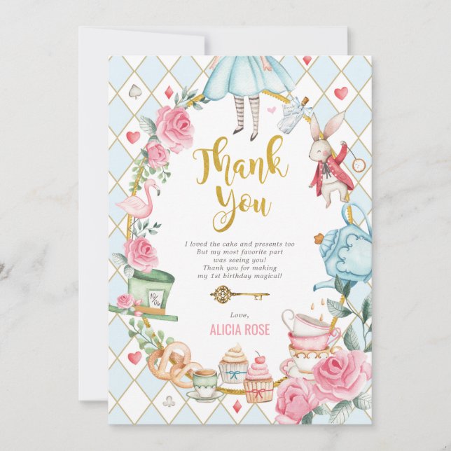 Blue Alice in Wonderland Tea Party Thank You Card (Front)