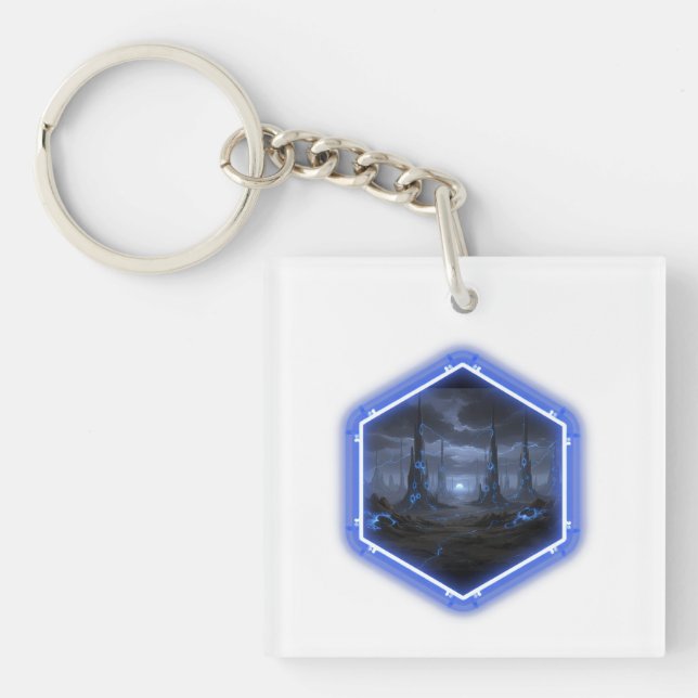 Blue Alien Landscape With Mandelbrot Key Ring (Front)