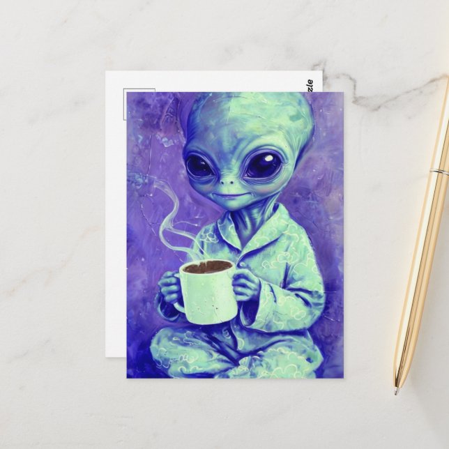 Blue Alien With a Cup of Coffee Postcard (Front/Back In Situ)