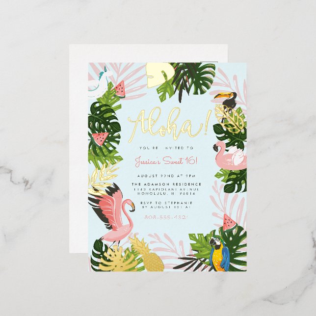 Blue | Aloha Hawaii Tropical Gold Birthday Party Foil Invitation Postcard (Front/Back)