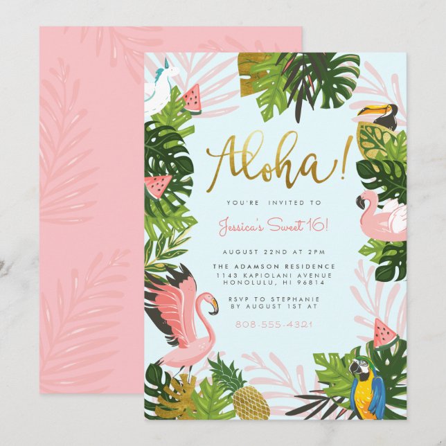Blue | Aloha Hawaii Tropical Gold Birthday Party Invitation (Front/Back)