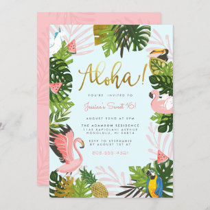 Blue Aloha Hawaii Tropical Gold Birthday Party Invitation