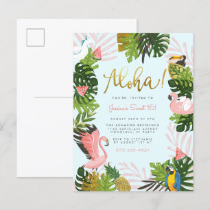 Blue Aloha Hawaii Tropical Gold Birthday Party Invitation Postcard
