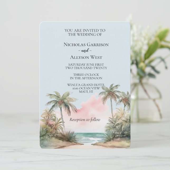 Blue Aloha Tropical Beach Palm Trees Wedding Invitation (Standing Front)