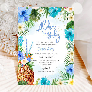 Blue Aloha Tropical Luau Baby Shower Invitation