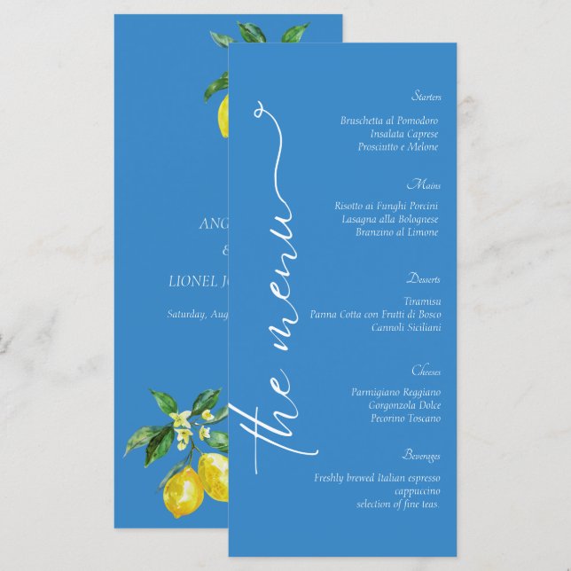 Blue Amalfi Coast Lemon Italy Wedding Menu (Front/Back)