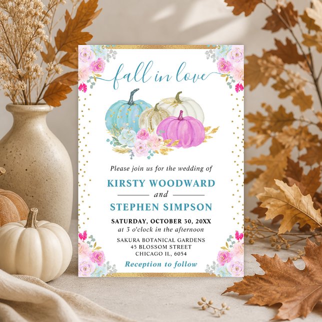 Blue amd Purple Floral Pumpkins Fall Wedding Invitation (Creator Uploaded)