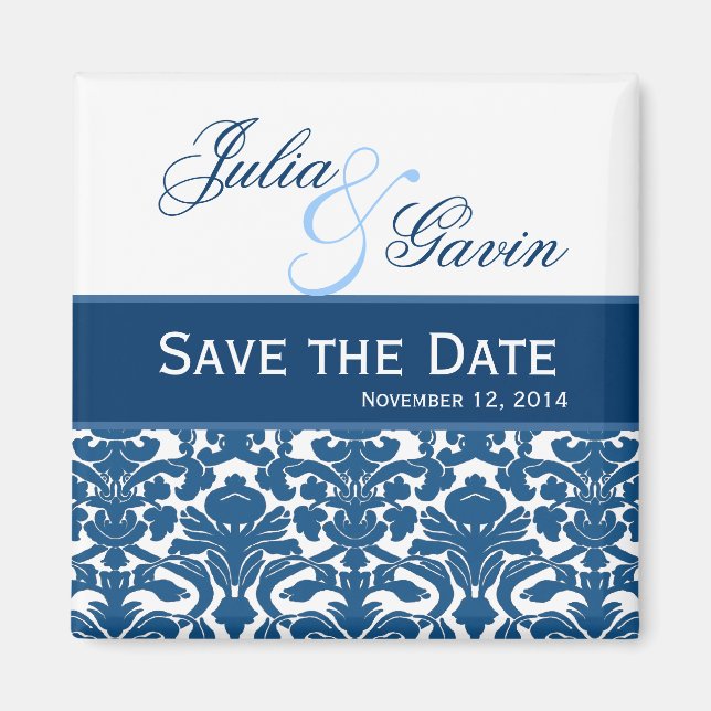 Blue amd White Damask Save the Date Wedding V397 Magnet (Front)