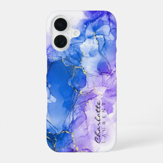 Blue Amethyst Gold Alcohol Ink Customisable iPhone 16 Case