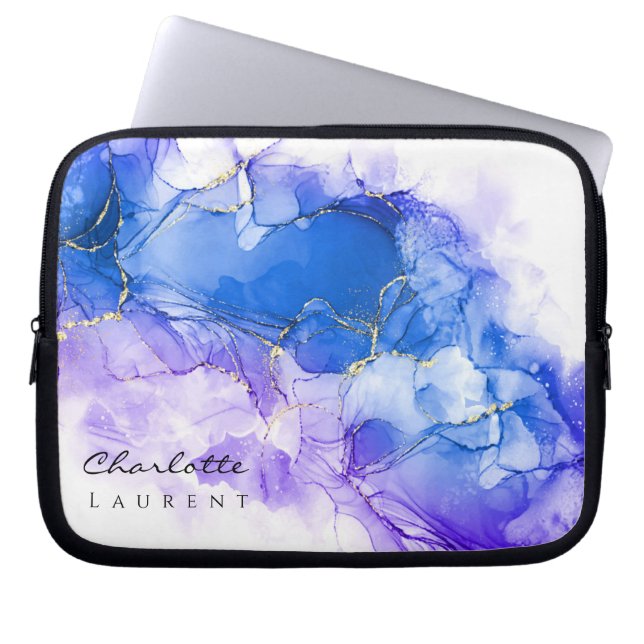 Blue Amethyst Watercolor Gold Glitter Customisable Laptop Sleeve (Front)