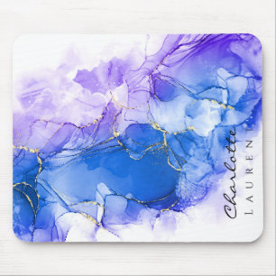 Blue Amethyst Watercolor Gold Glitter Customisable Mouse Mat