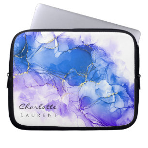 Blue Amethyst Watercolor Gold Glitter Customizable Laptop Sleeve