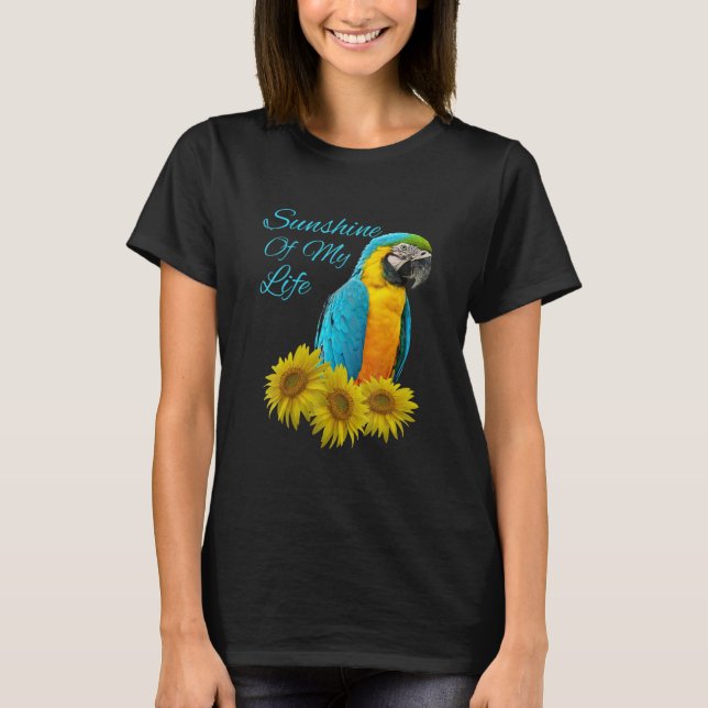 Blue &amp; Gold Macaw Parrot Sunshine Sunflower T-Shirt (Front)