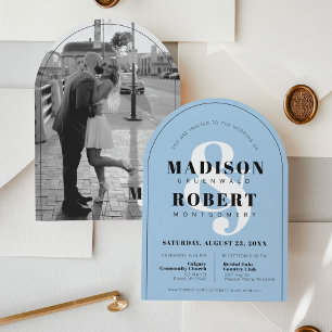 Blue Ampersand Black & White Photo Arch Wedding Invitation