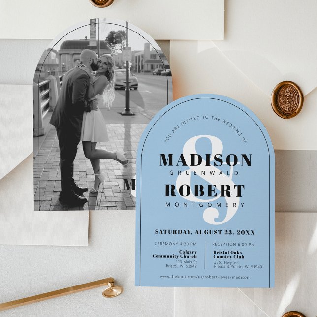 Blue Ampersand Black & White Photo Arch Wedding Invitation (Modern black and White photo ampersand bold unique sky cornflower light blue arch wedding invitation)