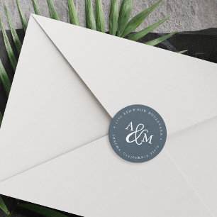 Blue Ampersand Monogram Wedding Return Address Classic Round Sticker