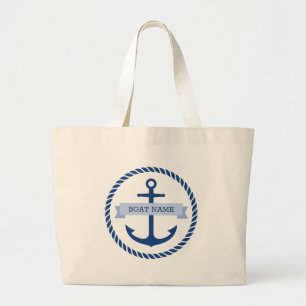 Blue anchor and rope border boat name on banner large tote bag