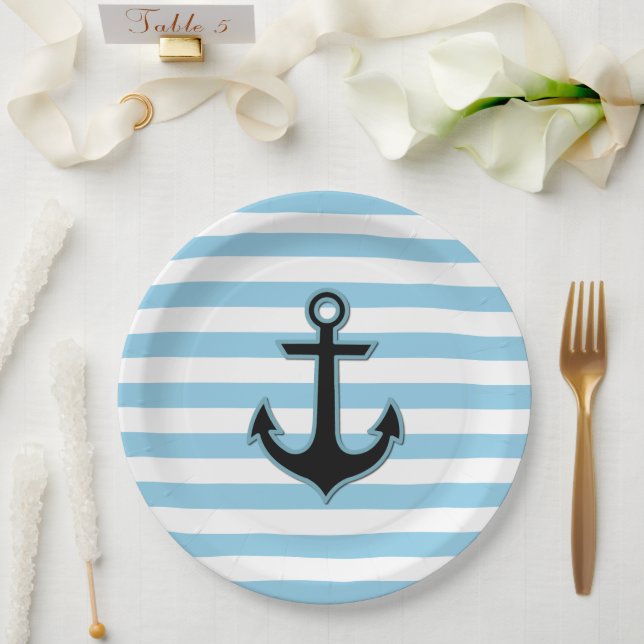 Blue Anchor, Boat Anchor, Ship Anchor, Stripes Paper Plate (Wedding)