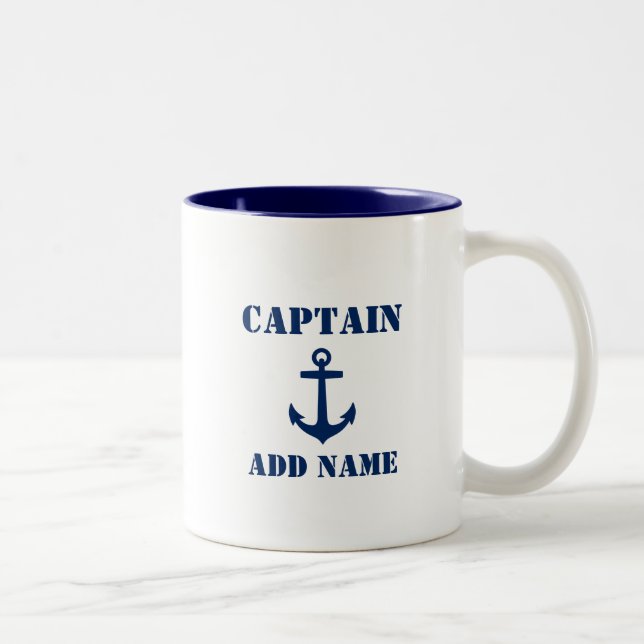 Blue Anchor Captain Add Name or Boat Name Two-Tone Coffee Mug (Right)
