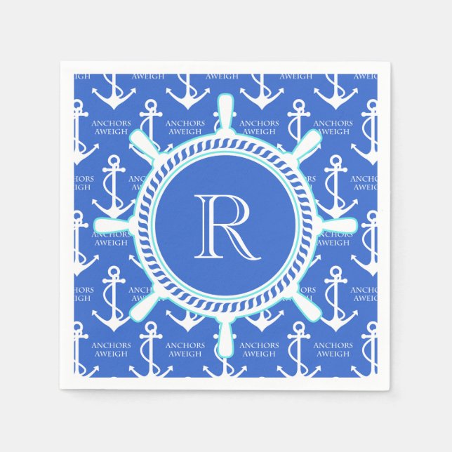Blue Anchor Coastal Nautical Monogram Napkin (Front)